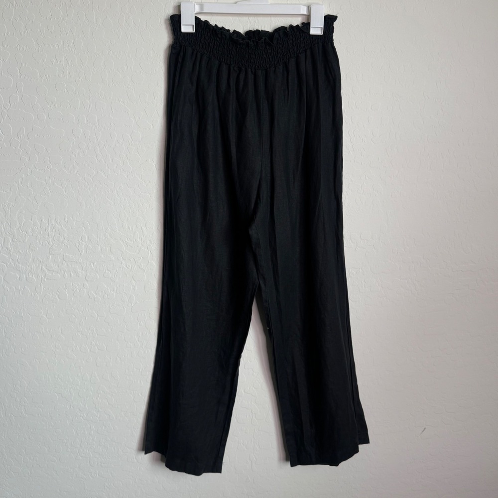 House of Harlow 1960 Womens Black 100%‎ Linen Smocked Paperbag Wide Leg Pants L